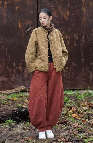 MOYUYUNJIAN Women's Diamond Shaped Jacket Short Cotton Linen Quilted Oversized Coat Button Retro Winter Bohemian Top (US, Alpha, One Size, Regular, Regular, Khaki) - Thumbnail 3