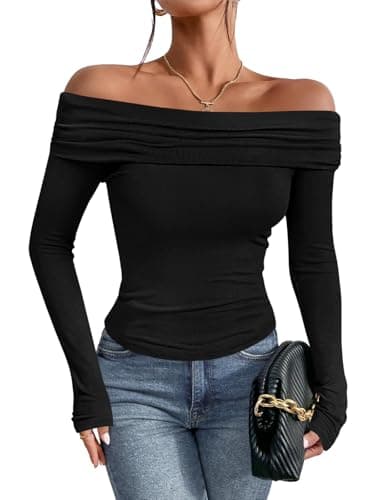 Imily Bela Womens Black Off Shoulder Long Sleeve Top Slim Fit Stretch Fold Over Neckline Night Out Top for Going Out - Image 1