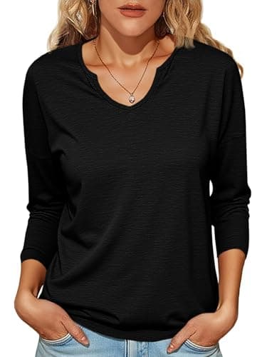 Tankaneo Womens Long Sleeve T-Shirts Casual V Neck Loose Fit Shirts 2025 Fall Lightweight Basic Tees Black - Image 1