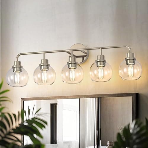 DORESshop 5-Light Bathroom Light Fixtures, 32.67-Inch Nickel Bathroom Vanity Light with Clear Glass Globe Shade, Modern Vanity Lights for Bathroom Living Room Hallway Bedroom, E26, ETL Listed - Image 1