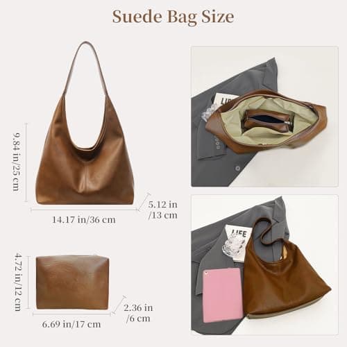 JueiXeoy Slouchy Tote Bag for Women Hobo Bags Soft Vegan Leather Hobo Purse Shoulder Bag Retro Travel College Work Tote Handbags 2pcs Brown - Thumbnail 4