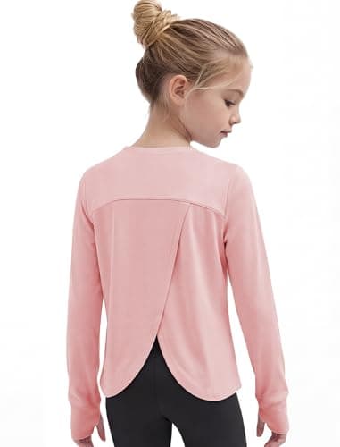 Gogokids Girls Long Sleeve Athletic Shirt, Breathable Cotton Activewear Top with Stretch, Split Back & Thumbholes, Pink, 130, 7-8 Years - Image 1