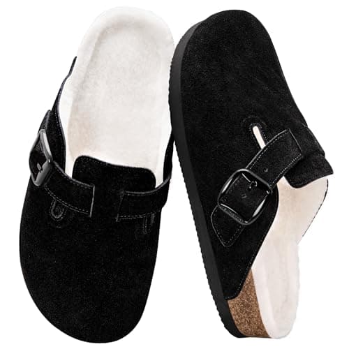 Fuzzy Suede Clogs for Women Fur Lined Leather Mules Soft Non Slip Potato Shoes with Arch Support Black - Image 1