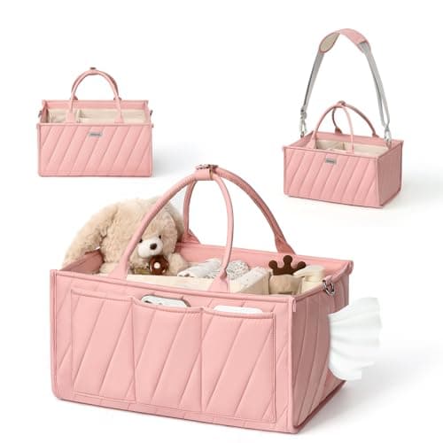 VKSAO Pink Diaper Caddy Organizer – Portable Storage Basket with Shoulder Strap & Stroller Hooks, Splashproof Quilted Nursery & Car Tote for Baby Girl Shower Gift, Baby Registry, Blush Pink - Image 1