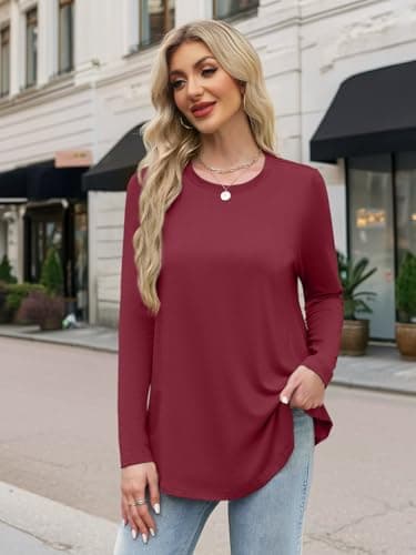 JUSTFASHIONNOW Womens Tops Long Sleeve Shirts Crew Neck Tunics or Tops To Wear with Leggings Casual Christmas T Shirts Fall Trendy Blouse (Wine Red, Large) - Thumbnail 5