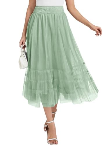 Casly Lamiit Green Tulle Skirt Summer Maxi Skirts for Women Midi Skirt Smocked Waist Skirts Layered Skirt Flowy Green XL - Image 1