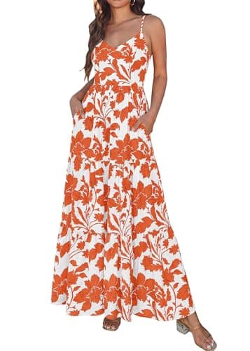 KIRUNDO Maxi Dresses for Women Summer Boho Floral Beach Vacation Sundress Spring Wedding Guest Dress Flowy Cruise Resort Wear(White Orange Flower, Medium) - Image 1