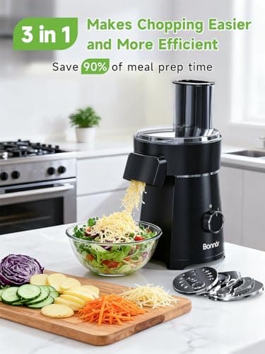 Electric Cheese Grater with Salad Shooter, 3 in 1 Food Chopper & Electric Vegetable Slicer. 200W Motor, 3 Blades, Comes with Safety Push Bar, Dishwasher Safe for Home Kitchen (Black) - Thumbnail 2