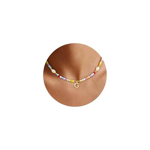 Eaciy Colorful Beaded Initial Necklace for Women, Trendy Dainty Pearl Letter Choker Charm Necklaces, Handmade 14K Gold Plated Bohomian Birthday Personalized G Jewelry Gifts - Image 1