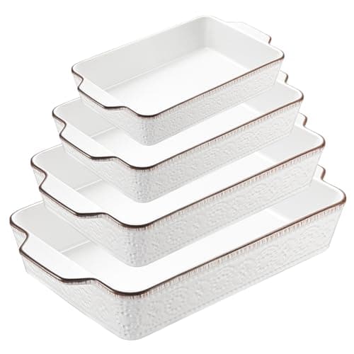 ONEMORE Casserole Dishes for Oven, Ceramic Baking Dish Set of 4, Non-Stick Lasagna Pans with Handles, Rectangular Bakeware Set for Cake, Roasting, Broiling, Gratin, Banquet, Microwave & Dishwasher Safe(3.8/2.6/1.7/1.1 Qt) (White 01) - Image 1