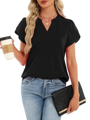 Funlingo Blouses for Women Dressy Casual Ruffle Short Sleeve Black Tops Spring Trendy V Neck Tunic Work Shirt for Business Office 2XL - Thumbnail 4