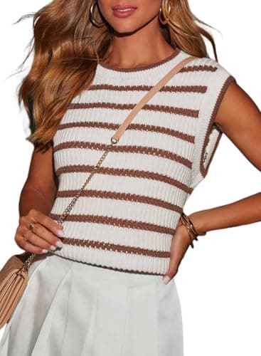 Dokotoo Tops for Women Trendy Causal Blouses Crew Neck Lightweight Knit Tops Loose Fit Pullover Jumper Soft Brown Stripe Tunic Shirts Tank Tops Clothes Large - Image 1