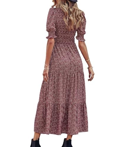 BTFBM Women Casual Summer Dresses 2026 Spring Crew Neck Ruffle Short Sleeve Smocked Floral Boho Flowy Maxi Dress Clothes(Floral Wine Red White, Large) - Thumbnail 2