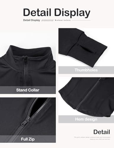 Gihuo Girls Zip Up Workout Jacket Lightweight Athletic Horse Riding Jackets Cropped Gym Yoga Track Shirts with Thumb Holes(Black-7-8Y) - Thumbnail 2
