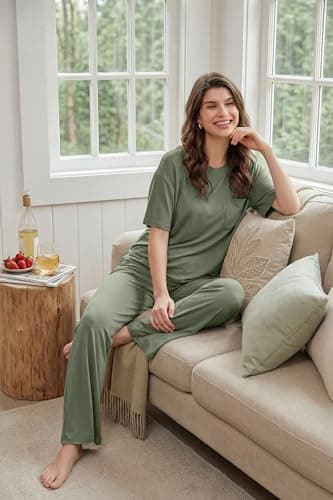 OUGES Women's Summer Pajamas 2 Piece Lounge Sets for Women Short Sleeve Wide Leg Pants Lyocell Cotton Blend Cool Feeling Maternity Postpartums Loungewear Pjs with Pockets(Green,XL) - Thumbnail 2