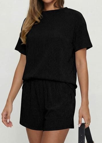 KIRUNDO Two Piece Sets for Women Dressy Casual Ribbed Knit Short Sleeve Top Matching Shorts Lounge Set 2026 Summer Outfits(Black, Medium) - Thumbnail 6