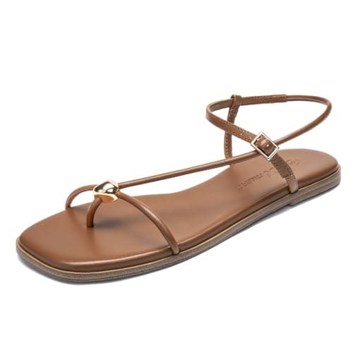 Athlefit Strappy Flat Sandals for Women Brown Square Open Toe Comfortable Ankle Strap Summer Thong Flip Flop Sandals Brown Size 6 - Image 1