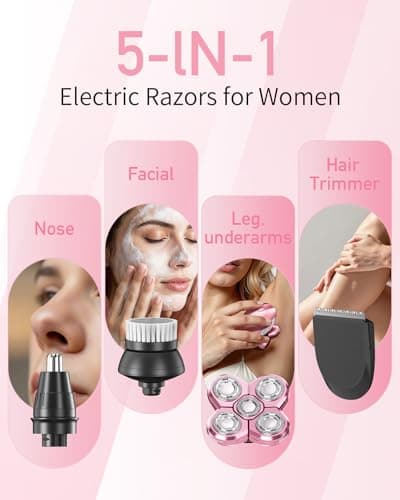 Electric Razors for Women, 5-in-1 Multi-Function Womens Razor with LED Display, Rechargeable Waterproof Electric Shaver, Ideal Travel Trimmer Body Hair Remover for Legs, Face, Armpits &Bikini (Pink) - Thumbnail 3