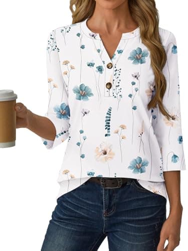 GKBK Womens Tops 3/4 Length Sleeve V Neck Button Down Loose Fit Shirts Business Casual Basic Tees Summer Fashion Cute 2026 Dressy Casual Vacation Travel Blouses Trendy Outfits Flower S - Thumbnail 5