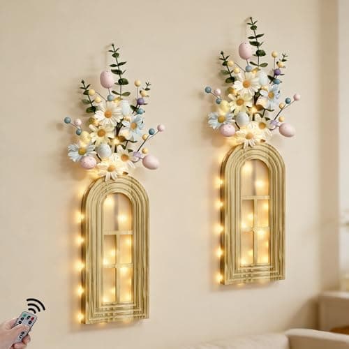 HOMECOR Easter Wall Decor Set of 2 - Boho & Modern Farmhouse Hanging Wooden Vase with Fairy Lights & Artificial Plants, Spring Wall Art for Living Room, Bedroom, Bathroom, Easter Home Decor Gift - Image 1