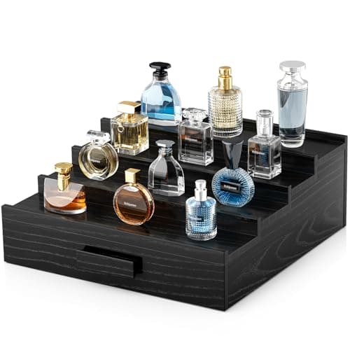 Hrbjunuo Walnut Cologne Organizer for Men,4 Tier Cologne Stand,Wooden Cologne Holder Display Shelf with Drawer Storage and Hidden Compartment,Perfume Stand Organizer,Gift for Men Dad Husband,Black - Image 1