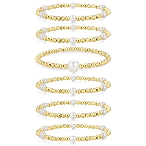 Yoosteel Gold Beaded Bracelets Set for Women, 14K Gold Plated Dainty Round Bead Ball Pearl Bracelet for Women Simplicity Stackable Jewelry Gifts（6 PCS） - Image 1