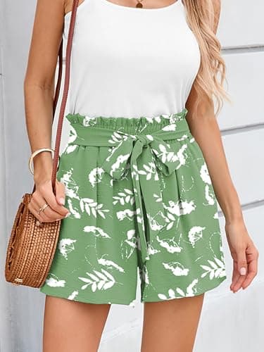 DEARCASE Women's Wide Leg Shorts with Pockets Green White Flowers XX-Large Lightweight High Waisted Adjustable Tie Knot Loose Fit Summer Lounge Cute Trousers - Thumbnail 2