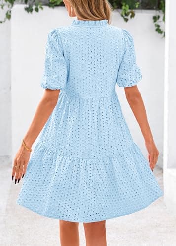 KIRUNDO Eyelet Summer Dresses for Women 2026 Mini Casual Hollow Out Short Sleeve Lace Tiered V Neck Shift Dress Pockets(Light Blue, Large) - Thumbnail 2