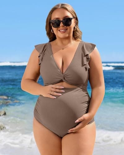 Charmo Ribbed Maternity Bathing Suit V Neck Ruffle Pregnancy Swimwear High Wasit Ruched One Piece Swimsuit Brown M - Thumbnail 3
