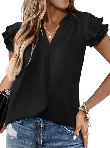 Sucolan Womens Summer Tops Notch V Neck Cute Ruffle Sleeve Blouses Business Dressy Casual Shirts for Women Black L - Image 1