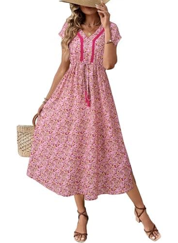 Dokotoo Boho Summer Dresses for Women Floral Sundresses for Women Drawstring Waist Daily Lightweight Summer Midi Dress Flowy Beach Dress Casual Vacation Outfits Resort Wear Pink M - Image 1