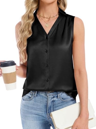 Funlingo Women Tank Tops Dressy Casual Sleeveless Shirts V Neck Pleated Silk Satin Camisole Office Blouses for Work Black S - Image 1