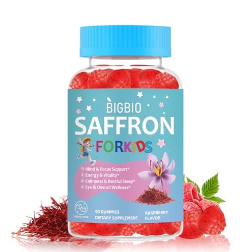BIGBIO Saffron for Kids, Saffron Extract, Magnesium Glycinate, Omega-3, L-Theanine, Holy Basil, Rosemary, B6, D3 for Calm, Focus, Happy Mood, Cognition, Sleep, Sugar Free, 90 Gummies - Image 1