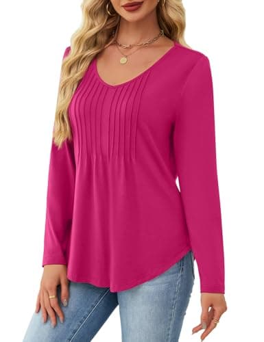 JUSTFASHIONNOW Long Sleeve Tops for Women Fall Shirts V Neck Trendy Casual Tunic Rose Red Pleated Blouse Business Dressy Outfits Tops for Leggings (Rose Red, Medium) - Thumbnail 2
