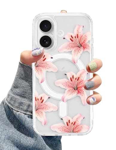 Aitipy Lily Phone Case for iPhone 16 Plus, Compatible with MagSafe, Cute Clear TPU Slim Shockproof Protective Phone Cover for Women Girls, Pink Lily