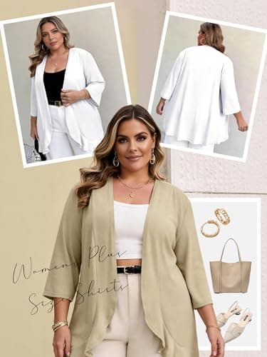 MK Shop Limited Plus Size Cardigan for Women Casual 3/4 Sleeve Lightweight Soft Open Front Cardigans with Pockets Khaki XL - Thumbnail 6