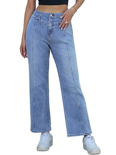 PEIHOT Wide Leg Jeans for Women High Waisted Straight Leg Stretchy Jeans Seamed Paneling Denim Pants Fall Light Blue - Thumbnail 2