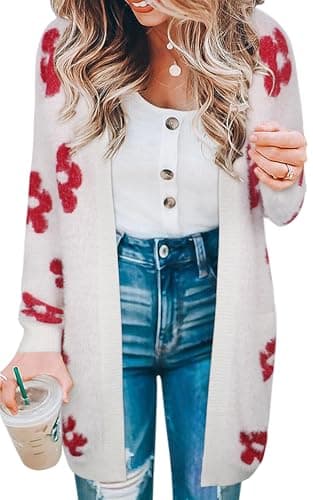 ECOWISH Women Cardigan Sweaters Long Floral Striped Winter Long Sleeve Kimono Open Front Cozy Knitted Daisy Fuzzy Outwear Pocket - Image 1