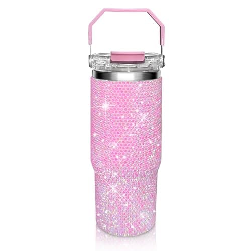 30oz Bling Rhinestone Studded Tumbler with Top Handle, Bling Cups Stainless Steel Water Bottle Diamond Glitter Tumbler for Women - Birthday Gifts for Women, Mom,Get Well Soon Gifts (Pink) - Image 1