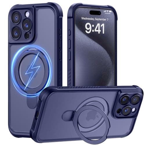 MOCCA Design for iPhone 15 Pro Case with Magnetic Invisible Stand [Full Camera Protection] [Compatible with Magsafe] Military Drop Shockproof Translucent Matte Phone Case Cover 6.1",Deep Blue - Image 1