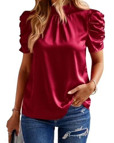 BTFBM Womens Tops Dressy Casual Mock Neck Puff Short Sleeve Shirts Back Tie Business Work Blouses Summer Fall 2025(Solid Wine Red, Medium) - Image 1