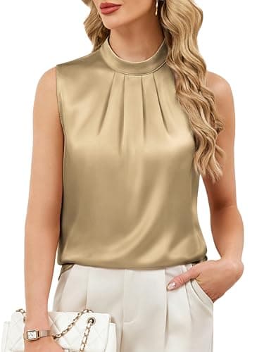 Funlingo Womens Dressy Tank Tops Sleeveless Satin Silk Camisole Blouse Business Casual Outfits Summer Pleated Work Shirt Fashion Khaki L - Image 1