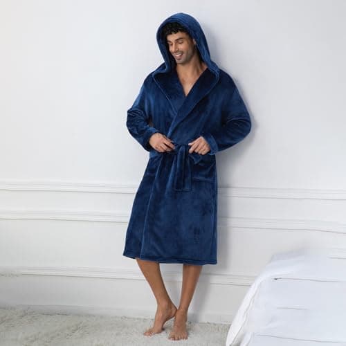 Lagtew Men's Hooded Fleece Bathrobe, Absorbent Anti-Static Plush Robe for Men with Pockets, Warm Soft for Home,NAVY,S/M - Thumbnail 2