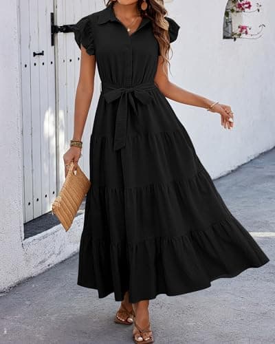 dowerme Women Summer Dress 2025 Cap Ruffle Sleeve V Neck Button Up High Waist Belted Tiered Boho Flowy Long Sun Dresses(Black,Medium) - Thumbnail 6