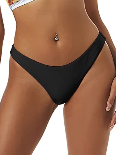 ZAFUL Women's High Cut Plain Bikini Bottom Mid Waist Solid Swimsuit Briefs Cheeky Bathing Suit High Leg Swim Bottoms Black S - Image 1