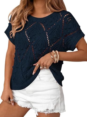 Cakulo Womens Summer Short Sleeve Crochet Sweater Casual Boho Crop Tops 2026 Beach Vacation Cruise Outfits Navy M - Image 1