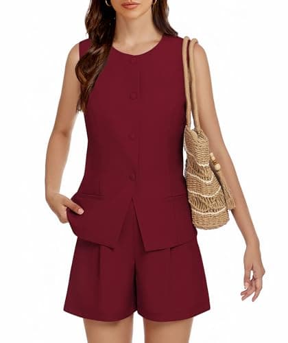 Casly Lamiit Short Sets for Women Summer Two Piece Outfits Dressy Casual Button Down Crewneck Vest Suiting Elegant Work Clothing Wine Red L - Image 1