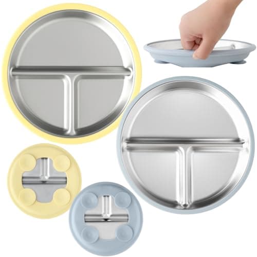 TOTS GROUND Stainless Steel Baby & Toddler Plate with Suction, Set of 2 Divided Plates with Removable Silicone Sleeves, Non Toxic BPA Free Non-Slip Unbreakable Kids Dishes (Butter Yellow & Baby Blue) - Image 1