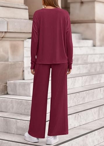 KIRUNDO Spring 2 Piece Lounge Sets for Women Long Sleeve Ribbed Knit Tops Wide Leg Pants Matching Travel Outfits Postpartum(Wine Red, Large) - Thumbnail 2