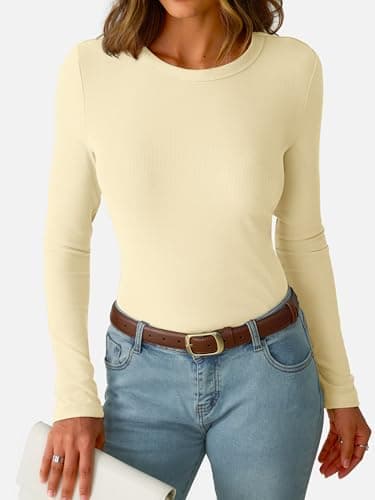 GKBK Womens Long Sleeve Ribbed Tops Slim Fitted Tight Basic T-Shirts Crewneck Layering Lightweight Fall Sweaters 2026 Fashion Outfits Light Yellow - Thumbnail 3